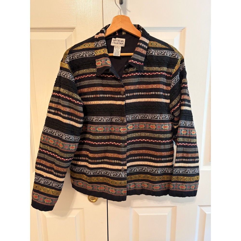 Tantrums Collection Women L Embroidered Tapestry Jacket Boho Metallic Black